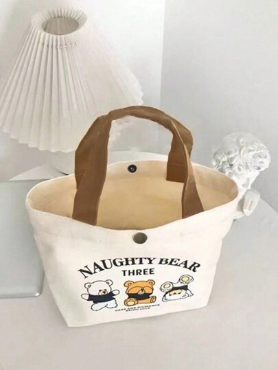 Cute Cartoon Canvas Tote Bag Kawaii Portable Lunch Bag Ladies Casual Handbag And Bento Bag