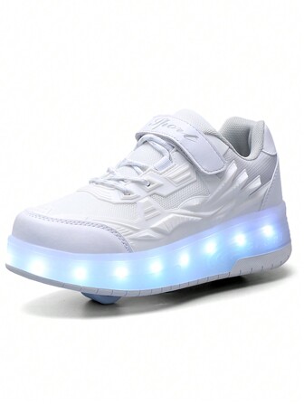 Children's Outdoor Sports Roller Shoes With Cool Light And Stretchable Four Seasons Double Wheel Flats Sneakers With Usb Rechargeable Interface