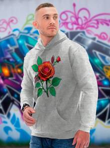 Blusa Moletom de flor rosa floral Casual Unissex Canguru com Capuz e Bolso