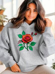 Blusa Moletom de flor rosa floral Casual Unissex Canguru com Capuz e Bolso