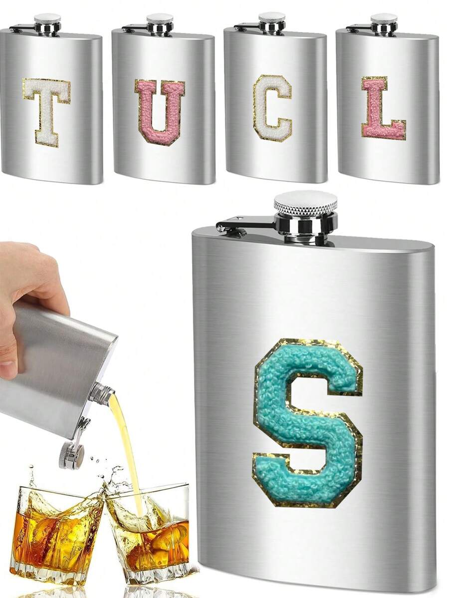 8oz Hip Túi di động Bình đeo hông Tiệc nướng ngoài trời Du lịch Bình thép không gỉ Rượu whisky Uống rượu Bình thêu Nhãn 26 chữ cái Bình đeo hông bằng thép Flagon - Bạc - Xem 1