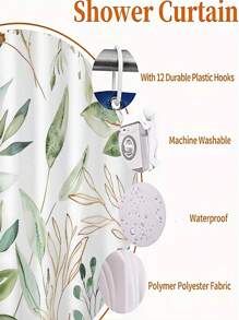 1pc Modern Fresh Style Gradient Color Green & Gold Plant Printed Waterproof Polyester Bathroom Shower Curtain, Mildew Resistant Without Punching Home Bathroom Decor Fall Decor Bathroom Accessories Back To School - Multicolor - View 5