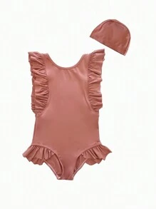 Balabala Tween Girl Knitted One-Piece Swimsuit - Coffee Brown - View 2