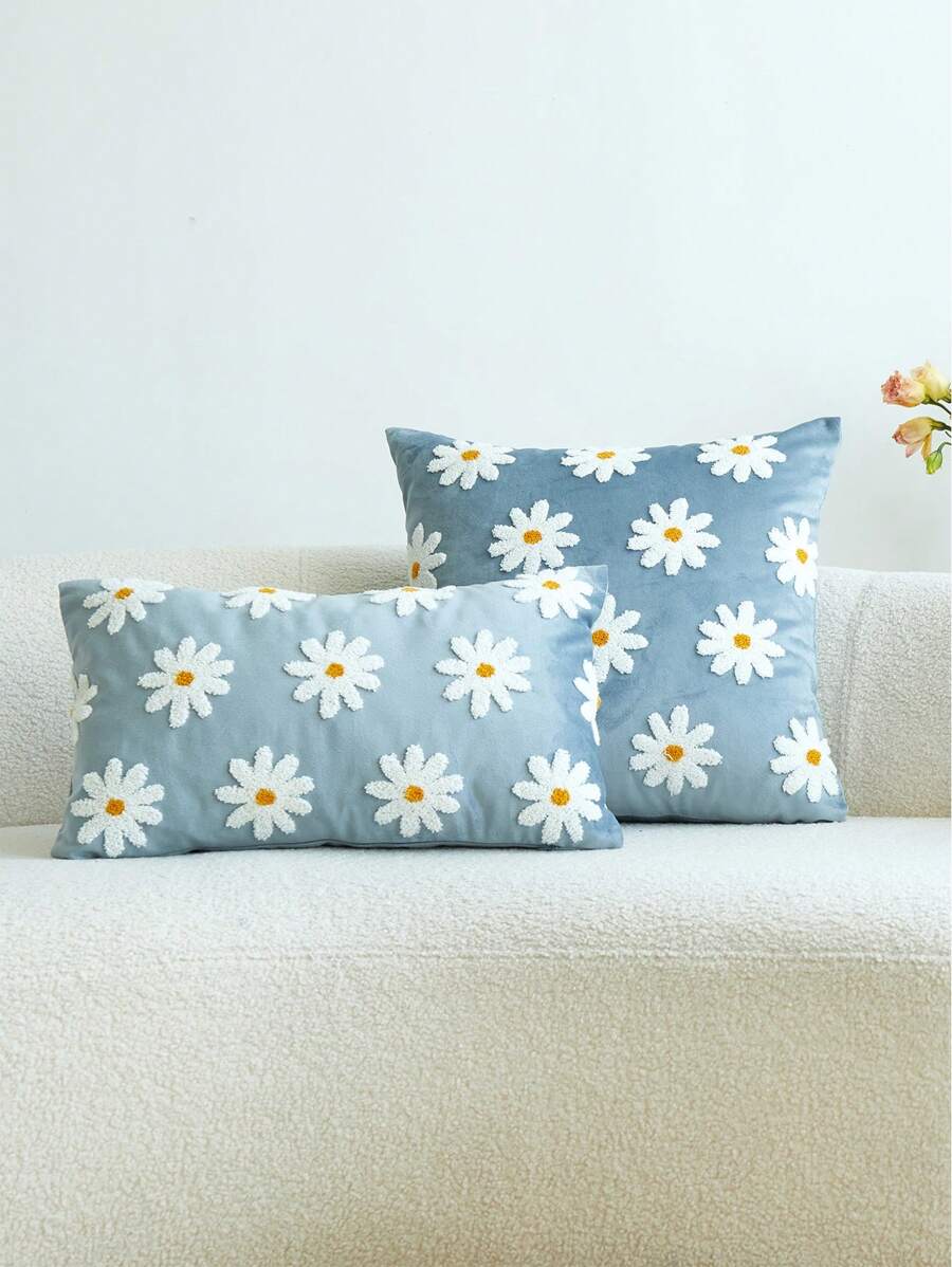 1pc Embroidered Misty Blue Daisy Throw Pillow Cover, Indoor Decoration Pillowcase For All Seasons