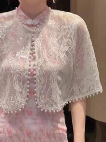 Elegante 1 peça xale vazado de pérolas e rendas, saída de praia de malha, bolero estilo vintage para vestido de festa dia dos namorados