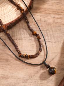 2pcs/Set Fashionable Bohemian Style Wood Beaded & Coconut Shell Beaded Pendant Necklace Set For Men Everyday Wear