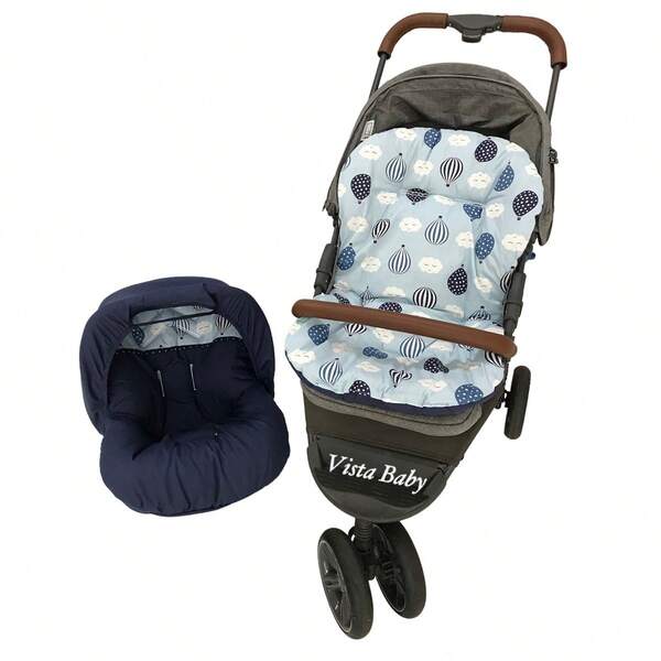 Kit Capa Colchonete Forro para Carrinho de Bebê Dupla Face Fofinho e Macio + Capa Completa para Bebê Conforto e Apoio Redutor Balões Marinho