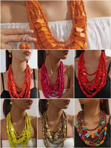 三件套串珠多层吊坠，搭配独特个性化时尚复古假日项链和耳环，适合女士