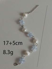 1pc Y2K Sweet Cool Natural Beaded Starfish & Imitation Shell & Blue Glass Charm Bracelet For Women, Daily Party - Blue - View 5