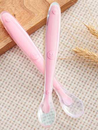 2pcs Silicone Infant Soft Tip Food Feeding Spoon For Baby Toddler, Laugh Face Design