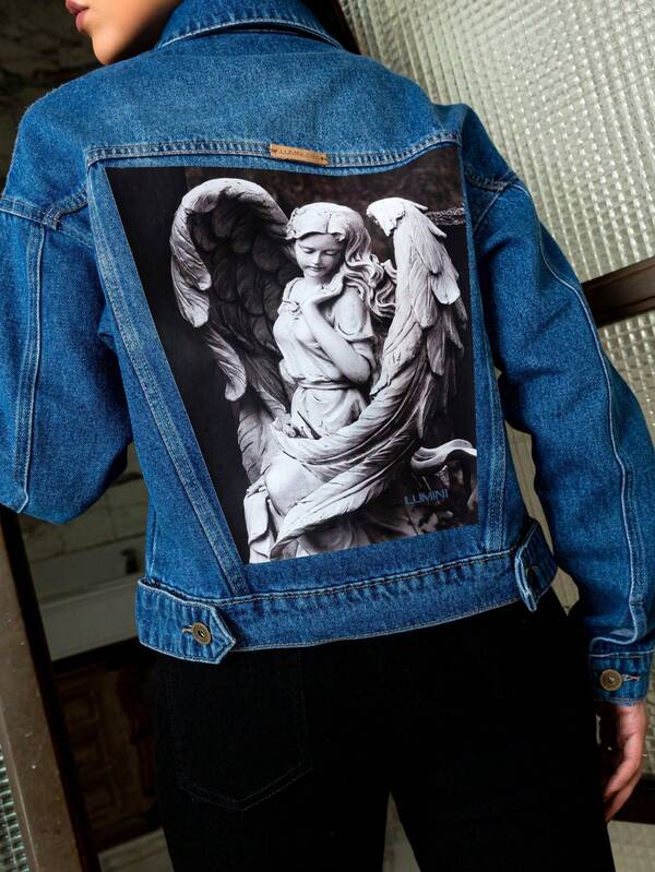 Jaqueta Jeans Feminina Angel Estampada 100% Algodão