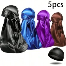 4pcs Men's Durag Cap With 2 Straps, Silky Comfortable Outdoor Breathable Casual Pirate Cap + 1pc Men's Wave Cap, Sporty Breathable Elastic Head Cap For Outdoor Activities Pirate Hat Pirate Costume