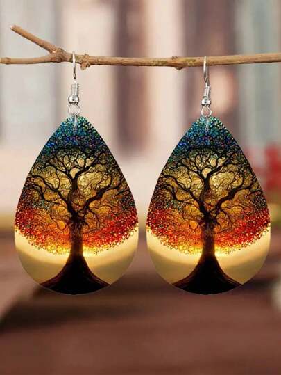 1 pieza Pendientes de mujer con diseño de árbol de la vida en forma de corazón con colgante de forma de gota de agua de cuero artificial por ambos lados, joyería de moda y única para festivales y adecuada para el Día de San Valentín de las mujeres