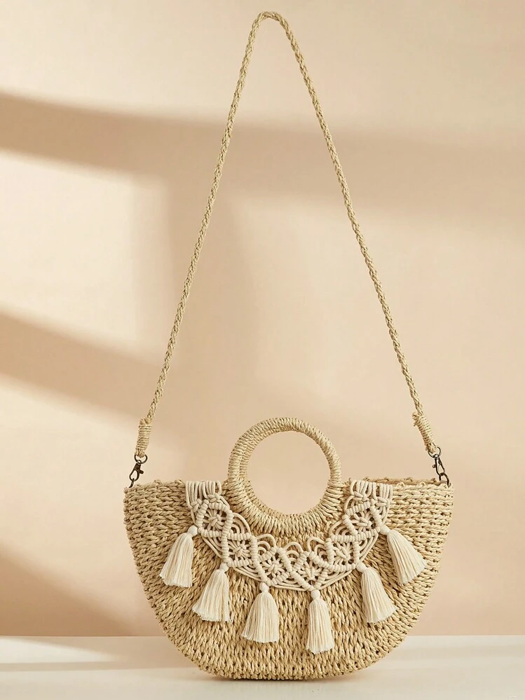 French Tassel Woven Bag Multi Purpose Round Satchel Bag For Women Perfect For Casual Beach Or Countryside Usage SHEIN