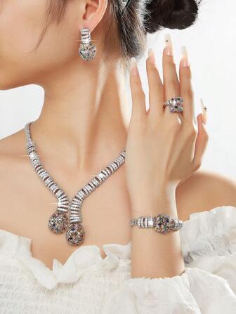 4pcs Colorful Zirconia Jewelry Set Including Necklace, Earrings, Ring, Bracelet, Fully Studded, Suitable For Girlfriend, Mother, Daily Wear, Banquet, Party, Wedding Dress Accessories, Popular In Europe, Dubai, Saudi Arabia, Middle East