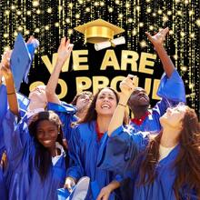 1pc Congrats Grad Photography Backdrop, Vinyl Golden Star & Grad Cap Pattern, For Class Of 2024 High School College Graduation Ceremony Party Banner, Photo Studio Booth Props - Multicolor - View 8