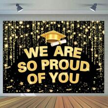 1pc Congrats Grad Photography Backdrop, Vinyl Golden Star & Grad Cap Pattern, For Class Of 2024 High School College Graduation Ceremony Party Banner, Photo Studio Booth Props - Multicolor - View 1