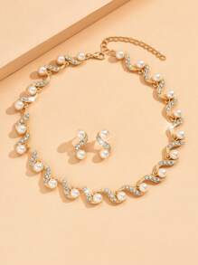 Pearl Necklace & Earrings Set, Bridal Dress Accessory, Fashionable Alloy Jewelry 2pcs/Set - Gold - View 7