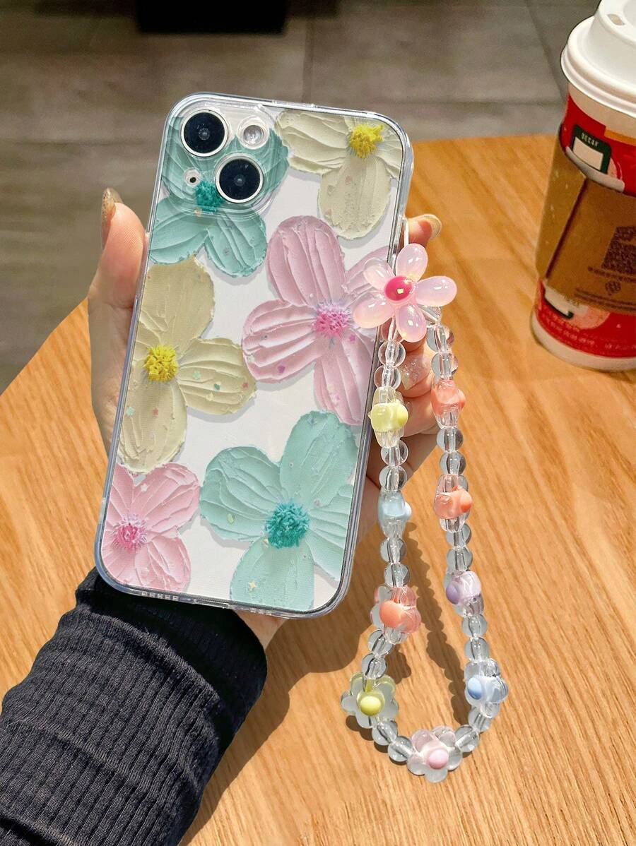 1 Pulsera de flor hecha de cuerda joyería, Carcasa para teléfono pintada con una gran flor transparente compatible con iPhone 12/12 Pro Max/12 Mini/11 Pro Max/XS/7/8, Samsung A03s,A03core,A04,A12,A13,A14,A21s,A22,A23,A24,A32,A33a34,A5 A51A52,A53,A54,A71,A72,A73,S20fe,S21,S22, serie Redmi de Xiaomi