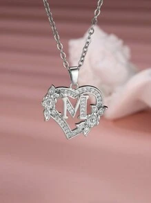 Tsnamer 1 pieza Exquisito collar con inicial de circonita cúbica con corazón tallado, 26 letras de la A a la Z y collar con flor para mujeres, decoración diaria