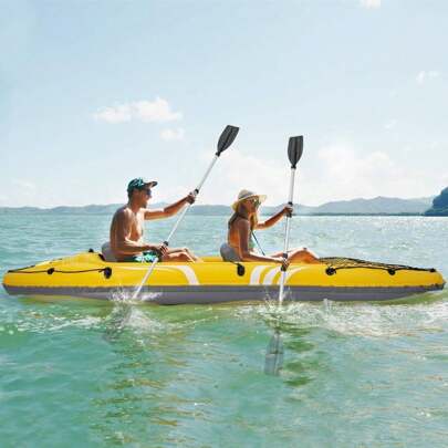 Kayak gonflable, 357x80x38cm, kayak tandem avec sièges amovibles jusqu'à 150kg, canoë avec sac de transport, pompe à pied, palmes, rame en aluminium et règle en plastique pour pêche & randonnée, jaune