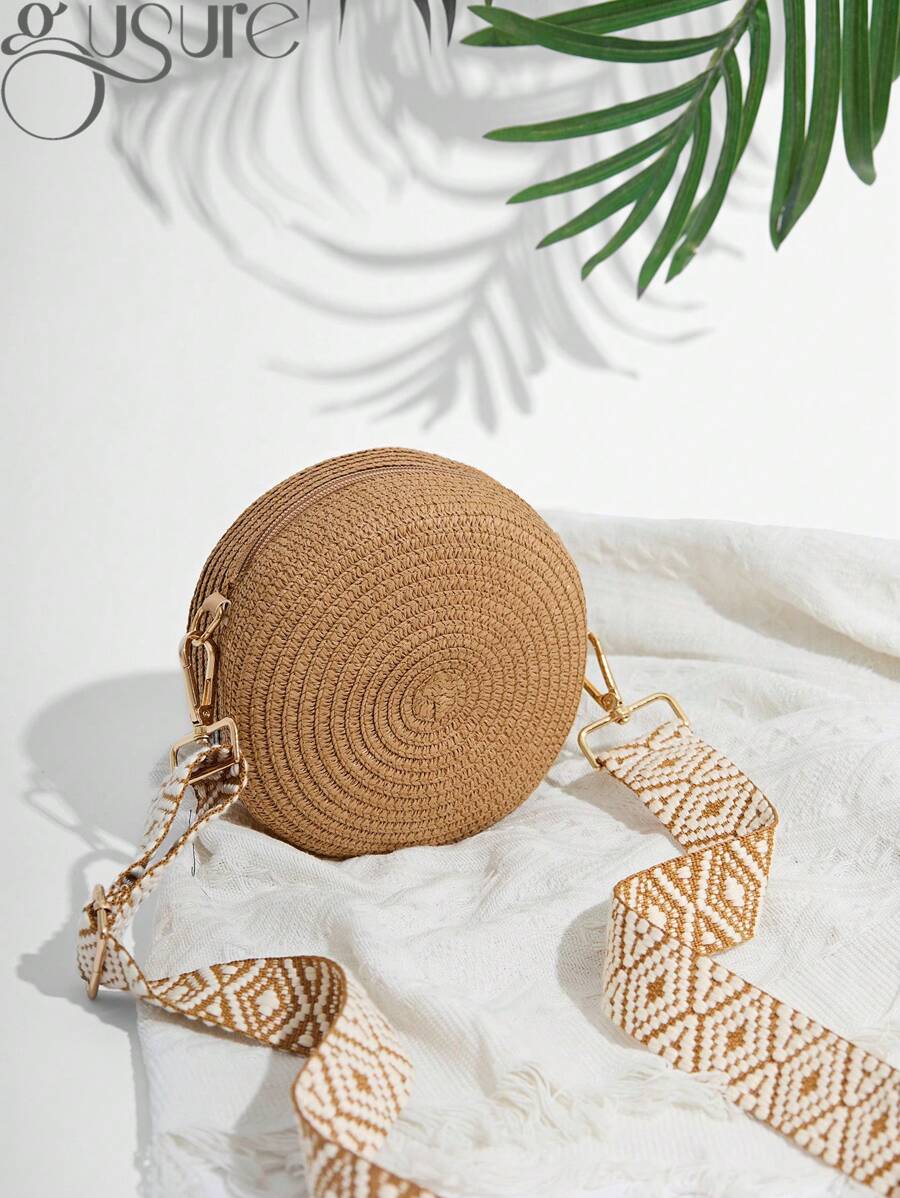 Gusure Bag Round Crossbody Shoulder Bag Women Woven Bag For Ladies Wide Strap Bohemia Handmade Knitted Small Straw Purse And Handbag Bag, Beach Essentials Women Bags For Vacation & Holiday, Fashionable Vacation Bag For Summer, Eye-Catching Beach Bag Summer, Summer Straw Beach Bag For Women, Hottest Beach Bags