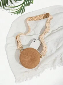 Gusure Bag Round Crossbody Shoulder Bag Women Woven Bag For Ladies Wide Strap Bohemia Handmade Knitted Small Straw Purse And Handbag Bag, Beach Essentials Women Bags For Vacation & Holiday, Fashionable Vacation Bag For Summer, Eye-Catching Beach Bag Summer, Summer Straw Beach Bag For Women, Hottest Beach Bags