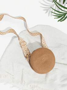 Gusure Bag Round Crossbody Shoulder Bag Women Woven Bag For Ladies Wide Strap Bohemia Handmade Knitted Small Straw Purse And Handbag Bag, Beach Essentials Women Bags For Vacation & Holiday, Fashionable Vacation Bag For Summer, Eye-Catching Beach Bag Summer, Summer Straw Beach Bag For Women, Hottest Beach Bags