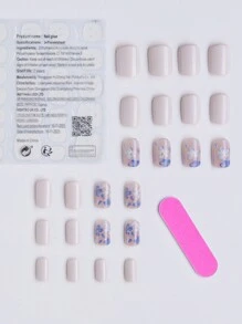 24pcs Short Square Fake Nails Cute Blue Flower And Ivory White Design Press On Nails Kit Nail Supplies