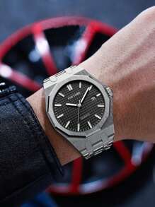 PINTIME 12-Sided Stainless Steel Strap Men's Quartz Watch, Water Resistant, Night Light, Fashion Business Calendar Wristwatch (Includes 1 Watch Pin Punch As Gift) - Silver - View 7
