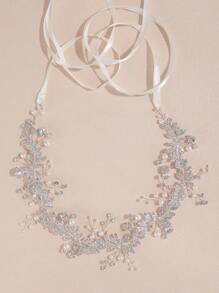 1pc Rhinestone Embellished Alloy Leaf And Faux Pearl Adjustable Headband, Suitable For Daily Wear And Wedding Occasions Tiaras Valentine's Day Accessories - Silver - View 5