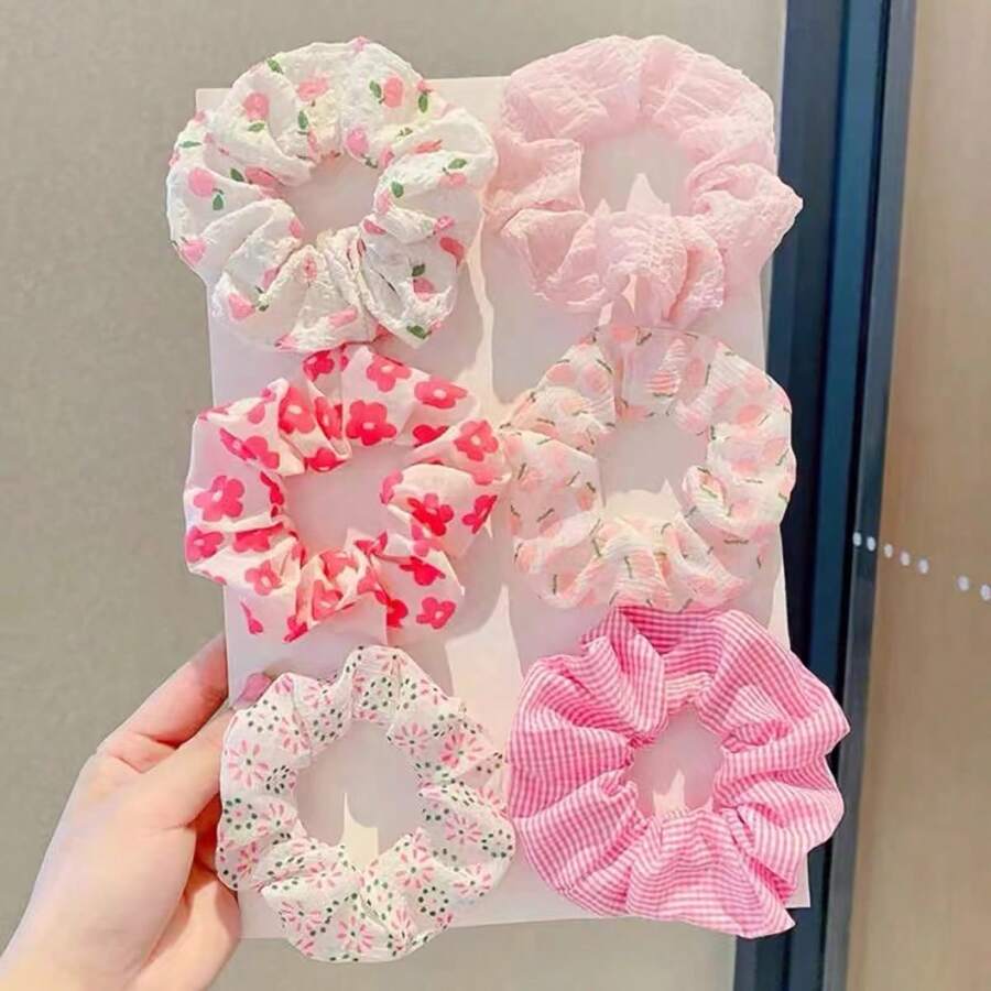 Boho 6pcs Sweet And Lovely Pink-Colored Hair Scrunchies Set For Women, Suitable For Daily Life, Travel And Vacation - Multicolor - View 1