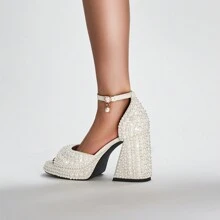 Nouveau design, perle blanche, incrusté fait main, design unique, chaussures de mariée, mode danse, robe, sandales de randonnée pour dames, bout rond talon épais, plateforme imperméable, boucle, sandales, talons hauts à semelle épaisse, chaussures compensées - Blanc - Voir 5