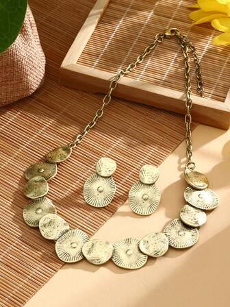 1set Antique Elegant Geometric Jewelry Set With 1 Necklace And 1 Pair Of Earrings, Suitable For Women And Girls, Pendant Necklace And Earrings For Banquet/Date/Mother's Day Gift