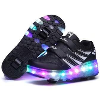 Unisex Roller Skate Shoes, Kids LED Light Up Shoes, Outdoor Fashion Retractable Wheels USB Rechargeable, 10+ Lighting Modes, LED Gradient Color Strap Closure Low-Top Sneakers, Style For Night Outings And Outdoor Activities, Mesh Flashing Leisure Shoes