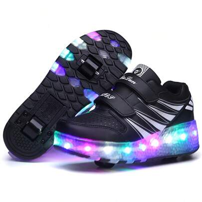 Unisex Roller Skate Shoes, Kids LED Light Up Shoes, Outdoor Fashion Retractable Wheels USB Rechargeable, 10+ Lighting Modes, LED Gradient Color Strap Hook And Loop Closure Low-Top Sneakers, Style For Night Outings And Outdoor Activities, Mesh Flashing Leisure Shoes