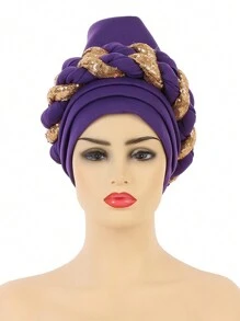 1 chiếc mũ thời trang kiểu châu Phi dành cho nữ, có lớp vải xếp tầng, đính kim sa và trang trí tết bím, dùng để đội tóc giả hoặc làm khăn trùm đầu khi ngủ. - bím tóc sequin - Xem 18