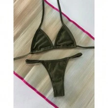 Ribbed, Adjustable Strap Bikini - XANH QUÂN ĐỘI - Xem 2
