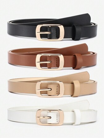 4pcs Women Classic PU Leather Solid Color Retro Decoration Simple Casual S Skinny Waist Belt With Square Golden Buckle Summer, School Fall, Autumn, Halloween