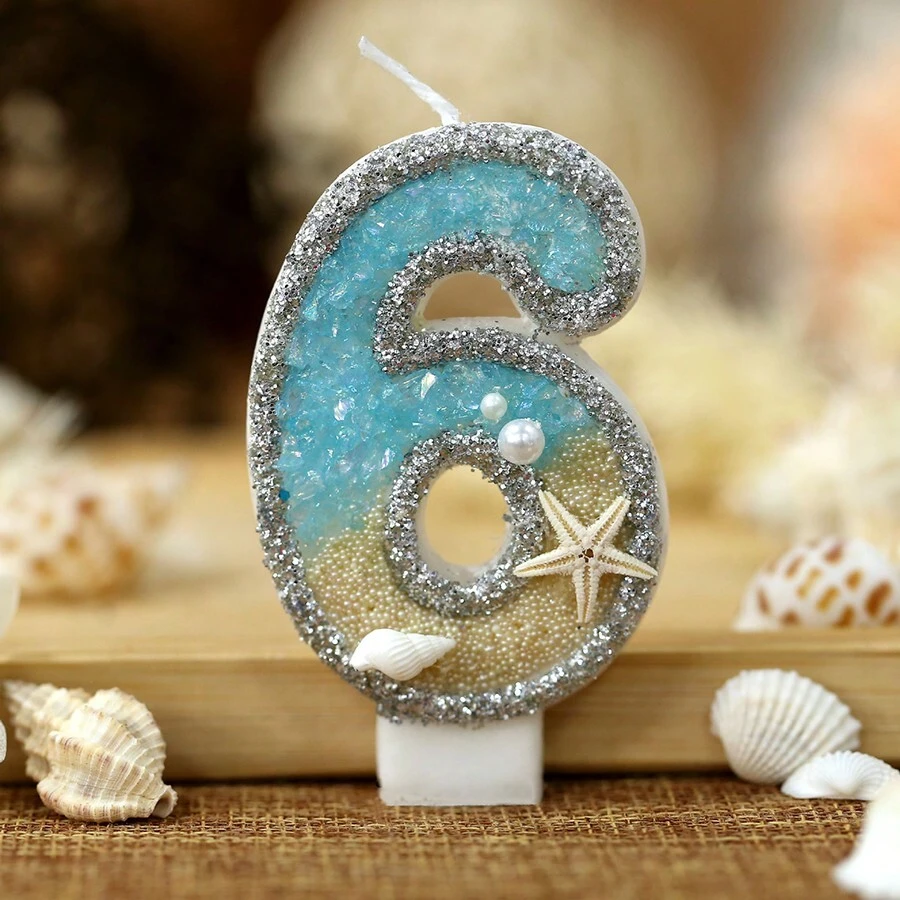 1 vela de cumpleaños con tema de playa, vela artesanal de decoración de pastel de cumpleaños para crear atmósfera de fiesta en festivales, vela con estrella de mar y brillantina de playa de verano, en forma creativa de número - Multicolor - Ver 1