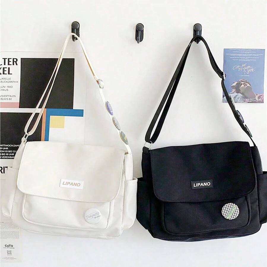 1pc Solid Polyester Hong Kong Style Sling Bag For Casual Or School, Literary And Retro Messenger Bag, Unisex - White - View 1