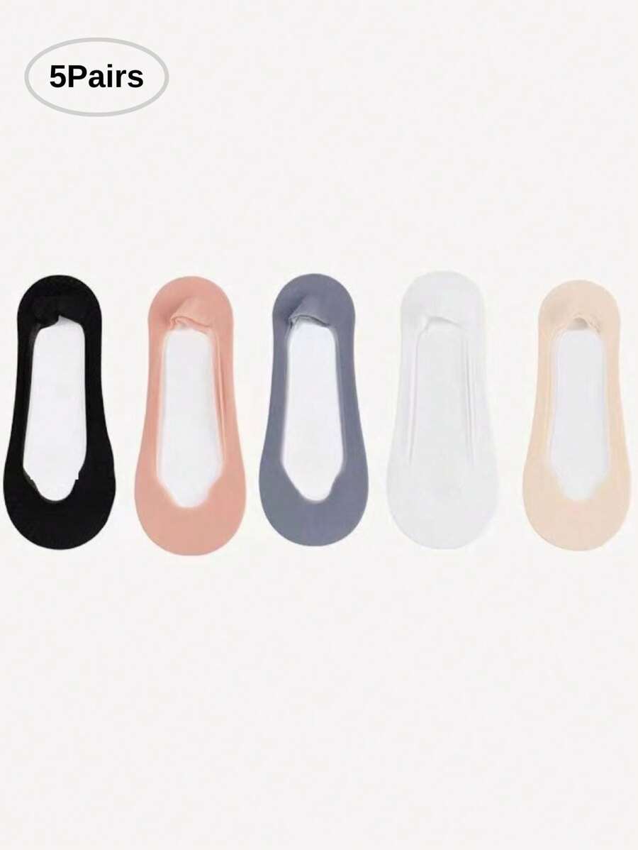5雙女性隱形船型襪，透氣矽膠防滑超薄襪子，適用於拖鞋，彈性冰絲低筒襪，適用於夏日日常穿著