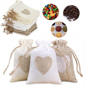 10入組，情人節麻繩袋和標籤，愛心，亞麻袋，玩具收納袋，適用於生日派對，婚禮，家庭聚會，珠寶包裝袋，婚禮禮品袋，婚禮裝飾，派對禮品袋，生日禮品袋，派對禮品