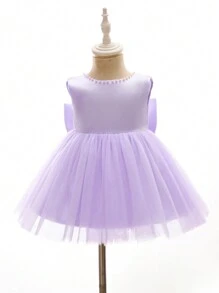 Baby Girl Purple Formal Dress With Large Bowknot And Tulle Skirt, 0-2 Years Old