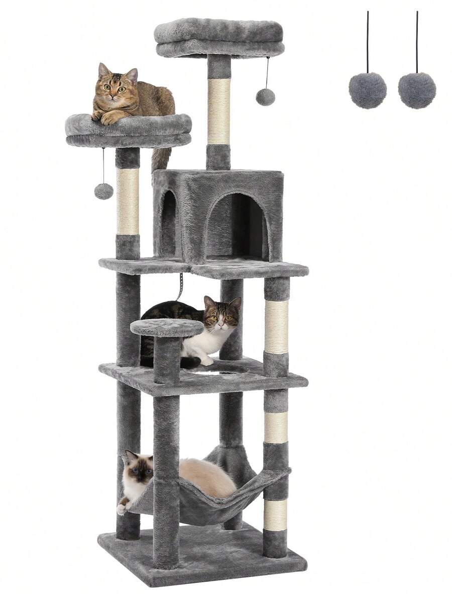 PAWZ Road 60.6 Inch Multi-Level Cat Tree Cat Tower For Indoor Cats With Sisal-Wrapped Scratching Post, Cozy Cat Condominium, Cat Hammock And Padded Upper Lounger For Indoor Cats, Gray - Grey - View 1