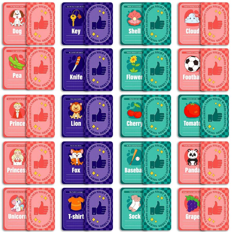 50 Pcs Sight Words Learning For Students Flash Cards, Fruit Animal