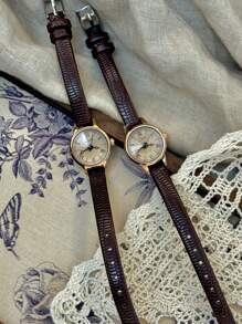 1只復古休閒優雅女士咖啡棕色皮質錶帶手錶，小巧精美的圓形表盤鑲有鑽石飾，適合日常佩戴、宴會和其他場合，以大學風格點綴您的手腕。 - 咖啡棕 - 查看 2