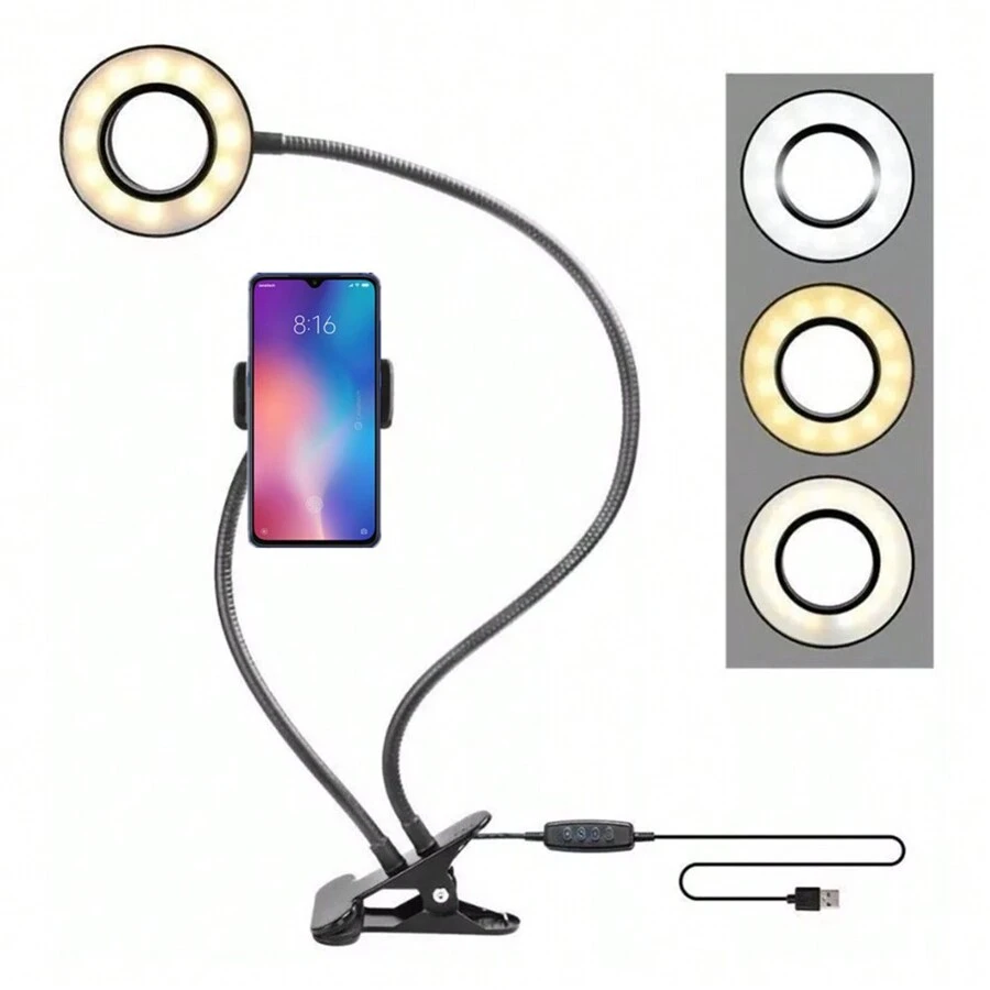 ESHOPCOMERCIAL Luminária Ring Light Com Suporte Garra Flexível Para Celulares De Mesa 2 em 1
