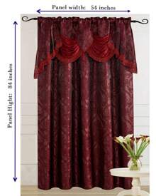 Luxury Fancy Jacquard Design Room Darkening Curtain Panel With Attached Waterfall Valance, 54 By 84-Inch Solid Plain Colors Rod Pocket Modern Semi Blackout For Living Room Bedroom And Dining Room - 酒紅色 - 查看 5