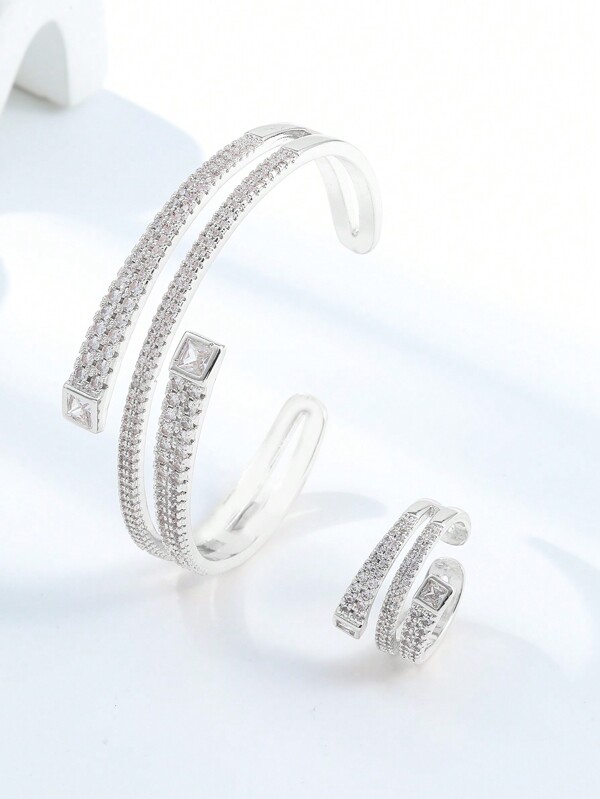 1 conjunto Feminino Elegante com Anel Bracelete e Cristais Vermelhos Cereja Incrustados